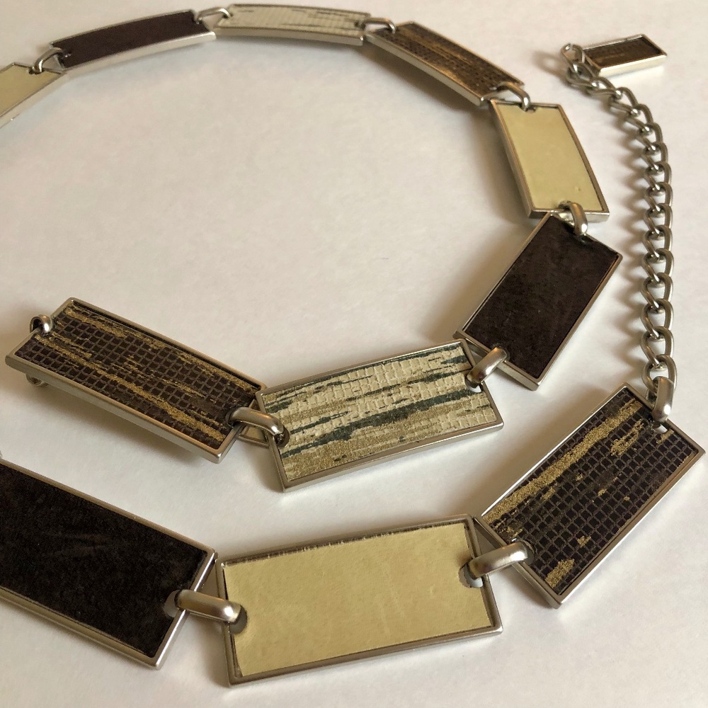 Chain Belt with Inlaid Leather Rectangles, Adjustable Size